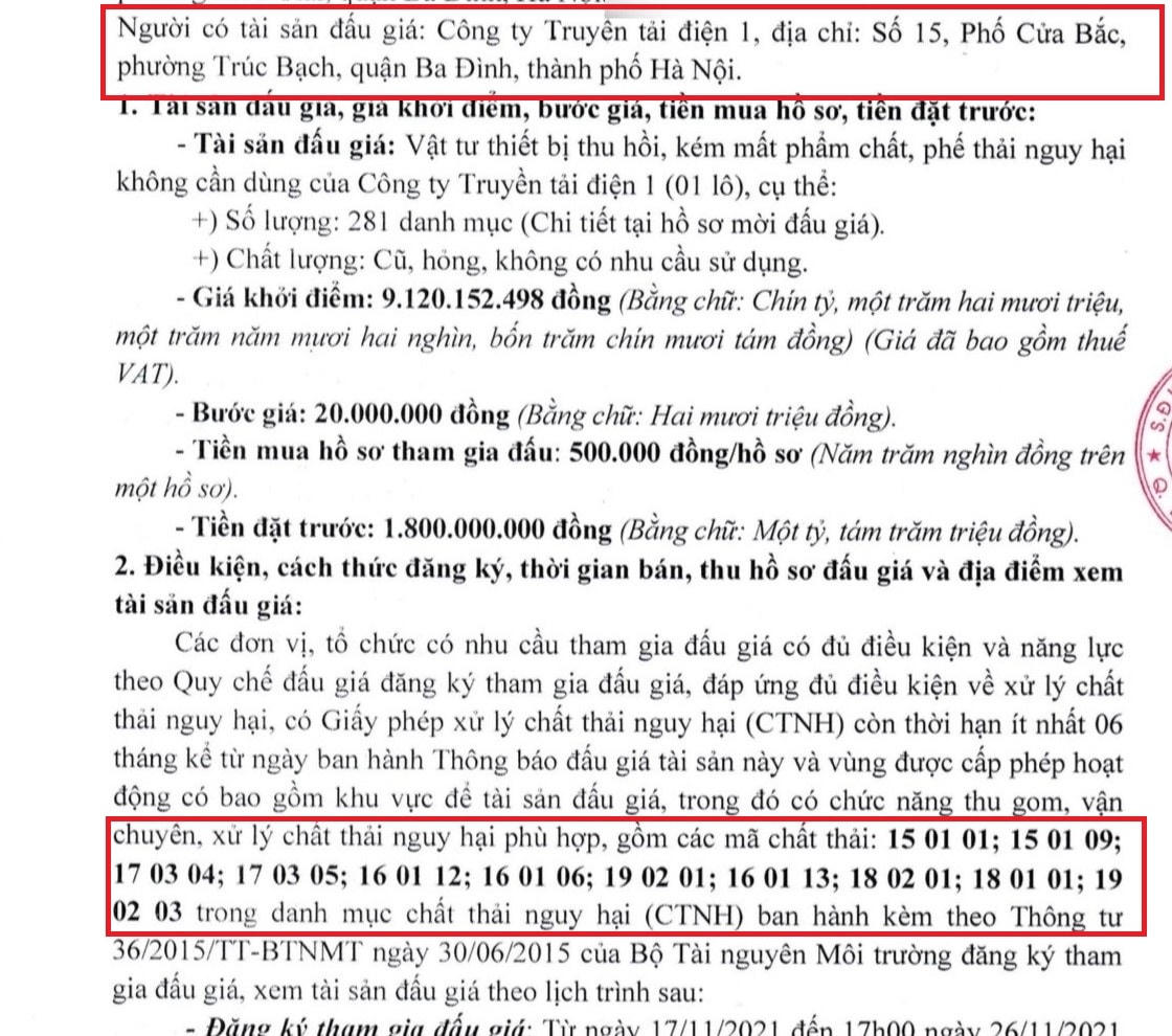 Thông báo bán đấu giá tài sản đăng trên Cổng thông tin điện tử quốc gia do Công ty đấu giá hợp danh Lạc Việt đăng tải có nội dung các mã chất thải nguy hại.