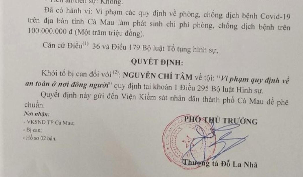 Quyết định khởi tố bị can của Công an TP Cà Mau được gửi đến Viện kiểm sát thành phố. 