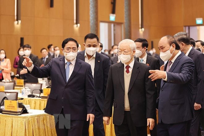 Tổng Bí thư Nguyễn Phú Trọng, Chủ tịch nước Nguyễn Xuân Phúc đến dự hội nghị. (Ảnh: Dương Giang/TTXVN).
