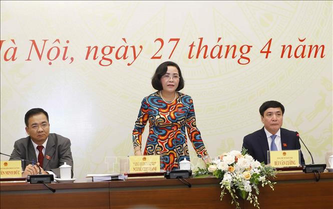 Bà Nguyễn Thị Thanh phát biểu tại họp báo công bố danh sách chính thức những người ứng cử đại biểu Quốc hội khóa XV, chiều 27/4/2021. Ảnh: Doãn Tấn/TTXVN.