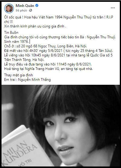 Nam ca sĩ Minh Quân cũng đồng thời gửi lời chia buồn đến gia đình của Thu Thủy: “ÔI sốc quá! Hoa hậu Việt Nam 1994 Nguyễn Thu Thuỷ từ trần! Xin thành kính phân ưu cùng gia đình".
