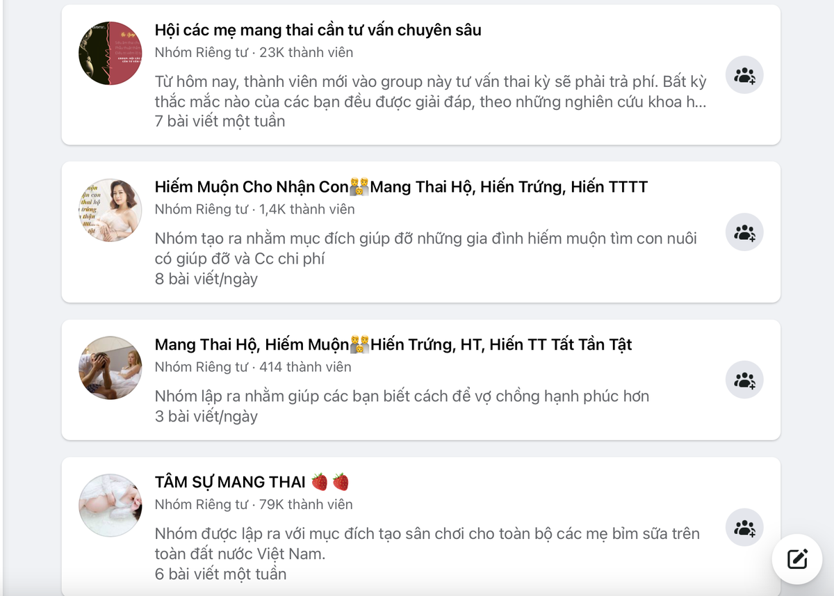 Các hội nhóm tìm người mang thai hộ cũng xuất hiện ngang nhiên trên Facebook.