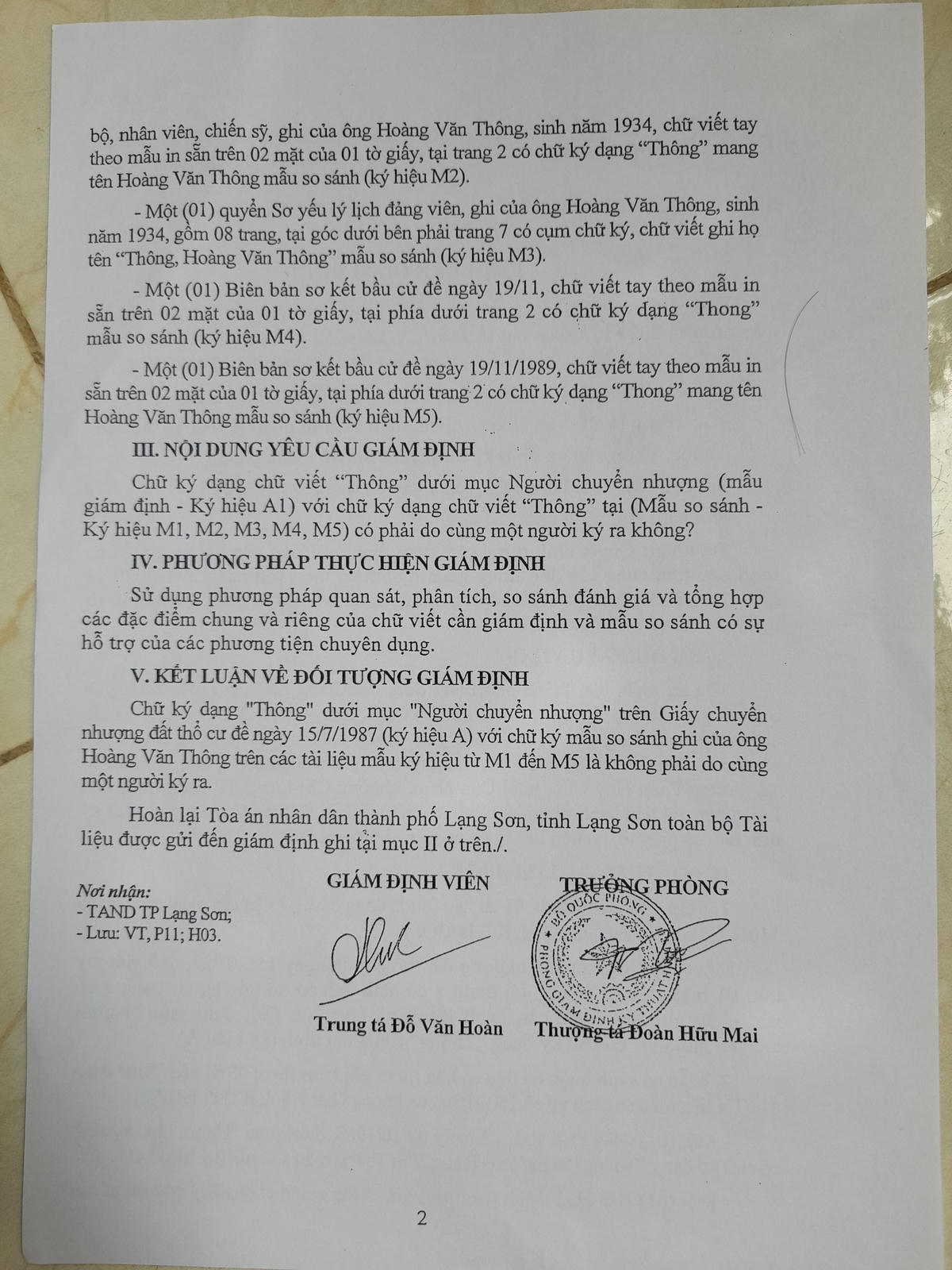 Kết quả Giám định của Bộ Quốc phòng cũng khẳng định chữ ký “Thông” không phải do một người ký 