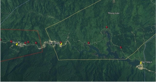 Các điểm trượt xảy ra trong khu vực xã Phong Xuân, huyện Phong Điền (quan sát từ ảnh Google Earth).