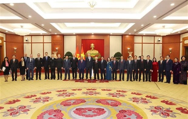 Tổng Bí thư Nguyễn Phú Trọng cùng các lãnh đạo Đảng, Nhà nước và các đại biểu tại buổi lễ. (Ảnh: Trí Dũng/TTXVN).