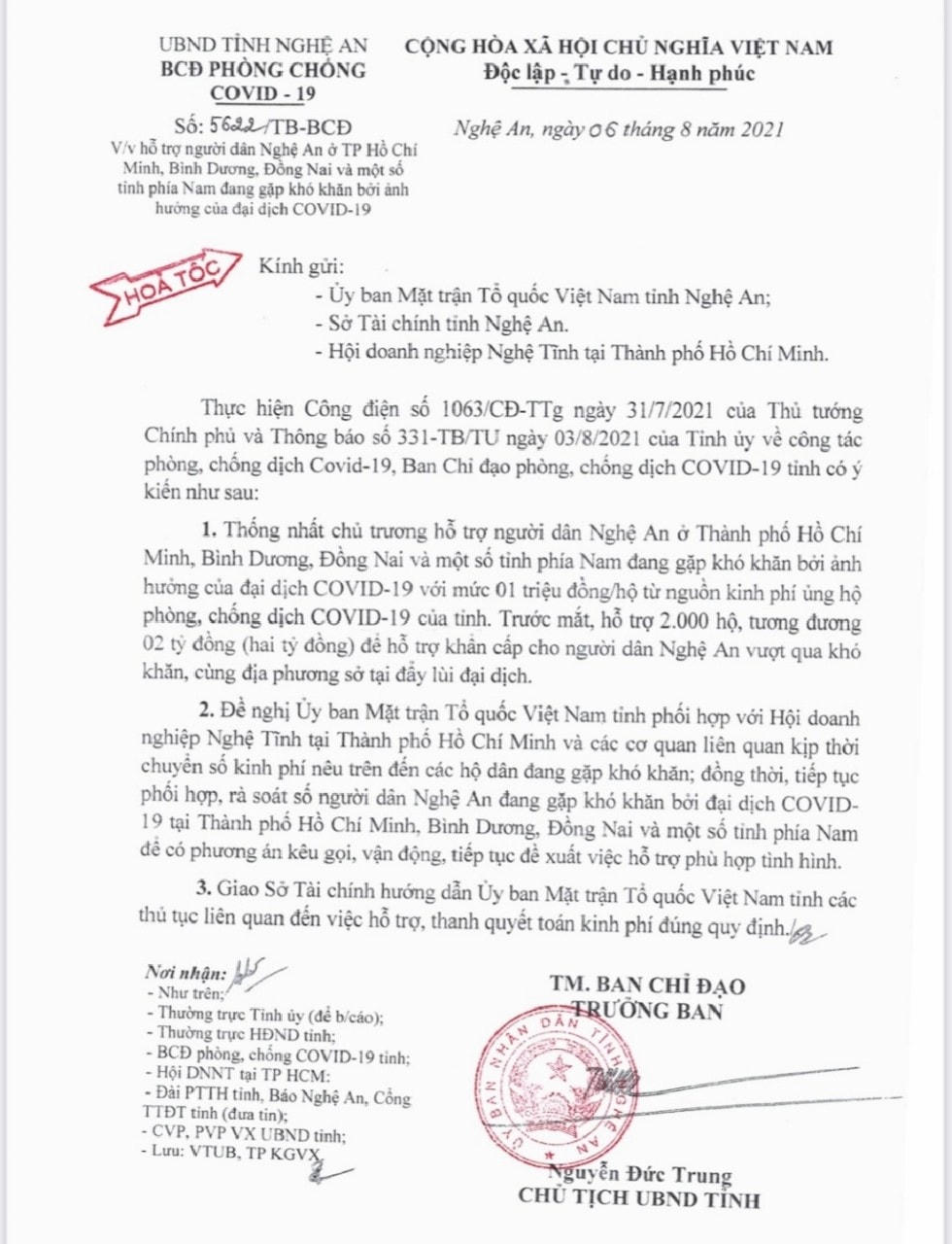 UBND tỉnh Nghệ An hỗ trợ 2 tỷ đồng cho các hộ dân ở phía Nam gặp khó khăn trong đại dịch Covid-19
