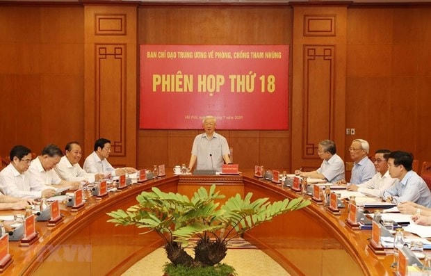 Tổng Bí thư, Chủ tịch nước Nguyễn Phú Trọng phát biểu chỉ đạo tại Phiên họp thứ 18, Ban Chỉ đạo Trung ương về phòng, chống tham nhũng. (Ảnh: Trí Dũng/TTXVN).