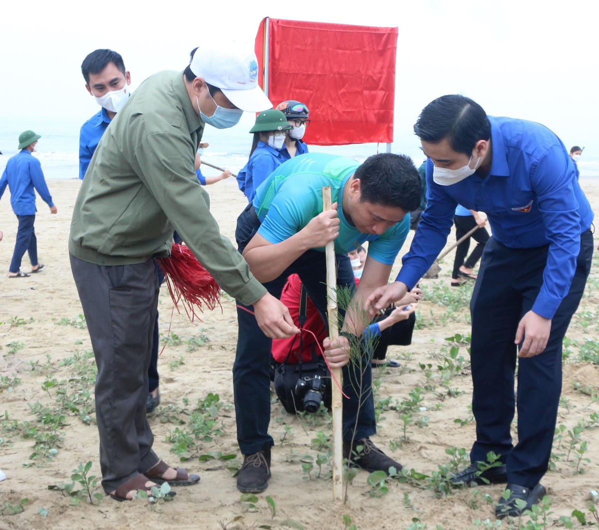 Đại biểu tích cực trồng cây phòng hộ ven biển ở xã Thạch Hải.