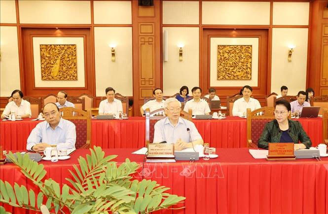 Tổng Bí thư, Chủ tịch nước Nguyễn Phú Trọng phát biểu chỉ đạo tại buổi làm việc với Ban Thường vụ Thành ủy Hà Nội. Ảnh: Trí Dũng/TTXVN.