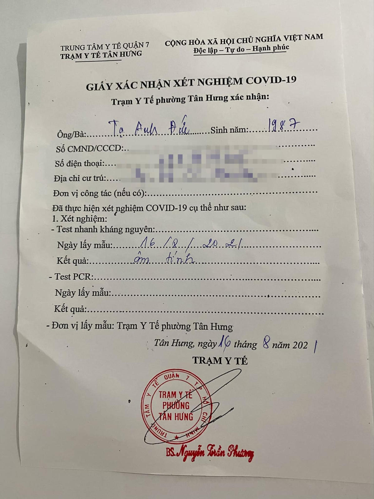 Kết quả xét nghiệm âm tính của Anh Đức do y tế phường cấp.