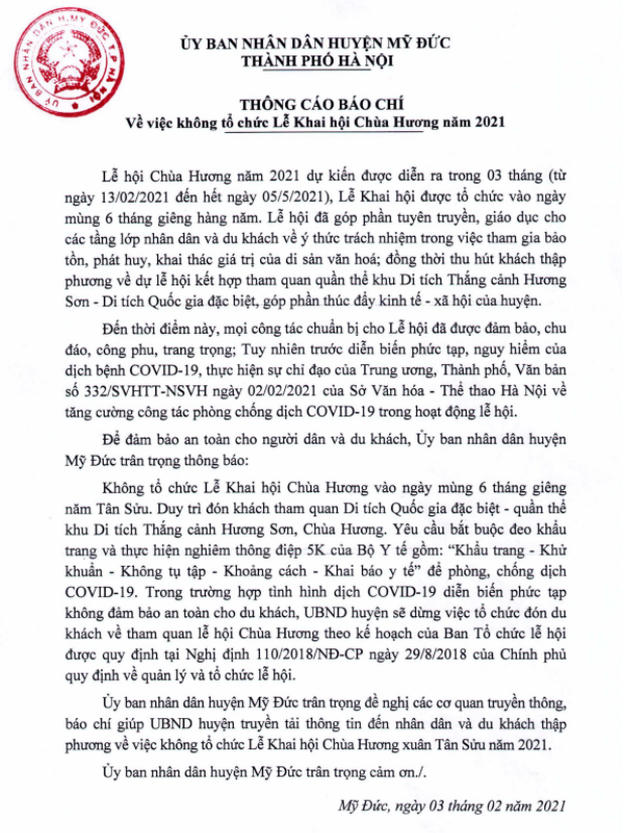 Văn bản thông báo không tổ chức Lễ khai hội Chùa Hương của UBND huyện Mỹ Đức.  