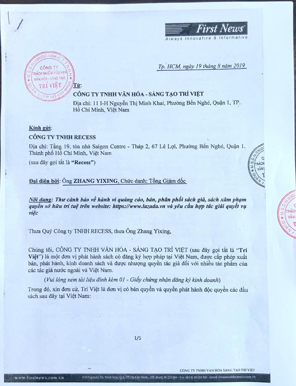 Công văn cảnh báo của First News gửi ông Zhang Yixing, người Trung Quốc, Tổng giám đốc Lazada Việt Nam.