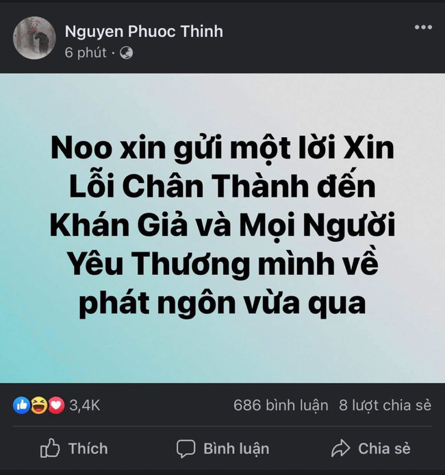 Noo đã đăng tải dòng trạng thái xin lỗi về phát ngôn của mình.