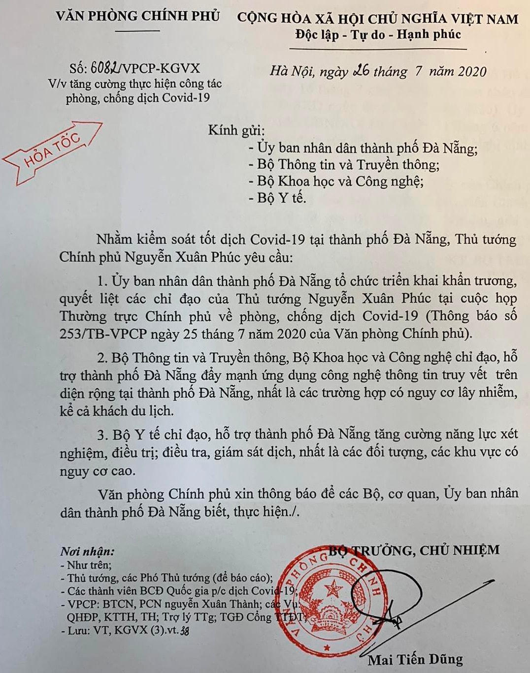 Văn bản hỏa tốc chỉ đạo tăng cường công tác phòng chống dịch Covid-19. Ảnh VGP.  