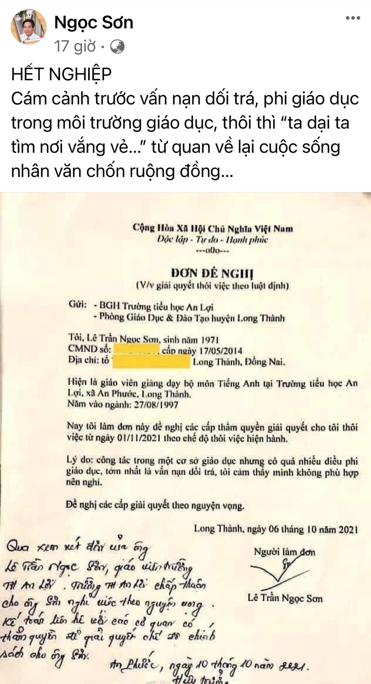 Nội dung ông Sơn đã đăng trên trang facebook các nhân.