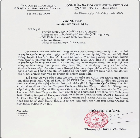 Thông báo tìm người bị hại của Cơ quan điều tra.