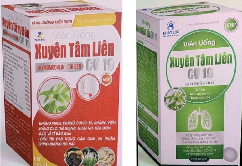 Hình ảnh 2 sản phẩm Xuyên Tâm Liên ghi có công dụng: Kháng virus, kháng Covid-19, kháng viêm, điều trị đau họng cảm cúm và nhiễm trùng đường hô hấp, phòng chống Covid,… là giả mạo.