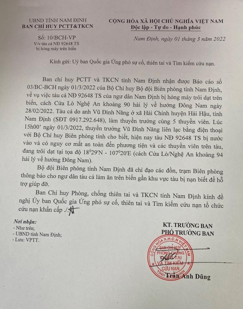 Báo cáo của tỉnh Nam Định gửi Ủy ban Quốc gia Ứng phó sự cố thiên tai và tìm kiếm cứu nạn.