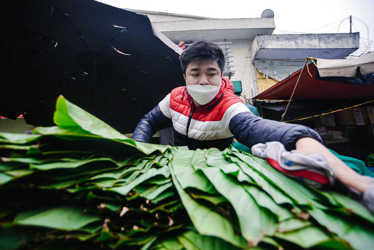 Từng chiếc lá dong đều được các tiểu thương lau sạch trước khi đến tay người tiêu dùng.