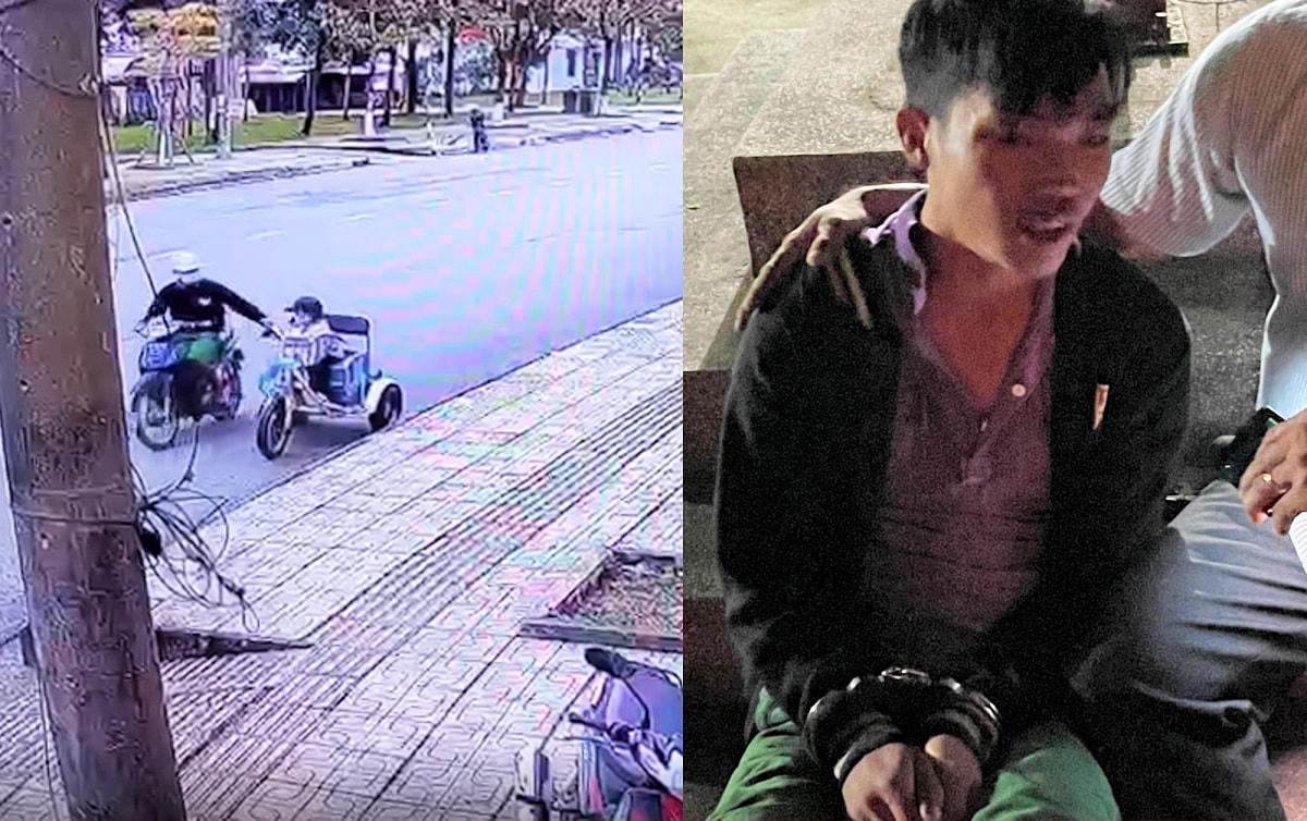 Đối tượng Hà Văn Hy tại cơ quan điều tra (ảnh trái) và hành vi phạm pháp của Hy bị camera ghi lại. (Ảnh Công an cung cấp).