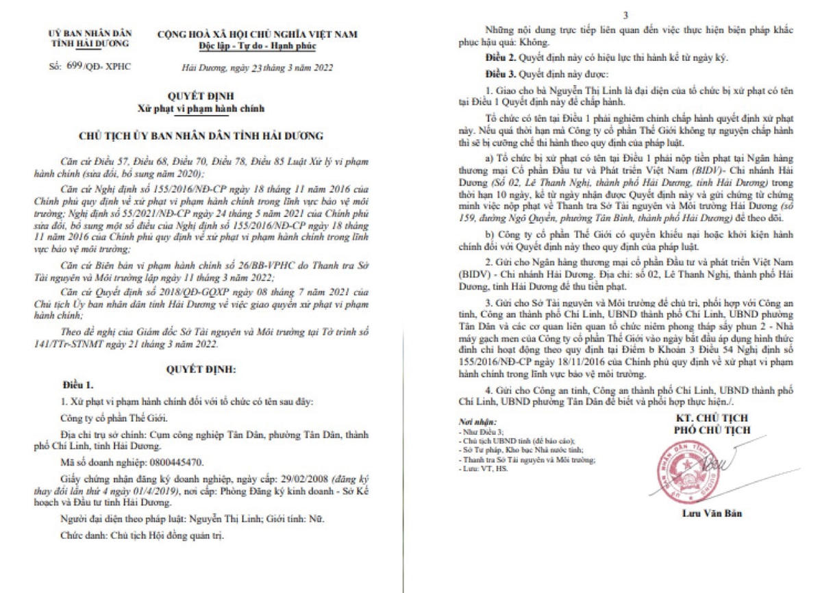Quyết định xử phạt vi phạm hành chính của UBND tỉnh Hải Dương đối với Công ty cổ phần Thế Giới.