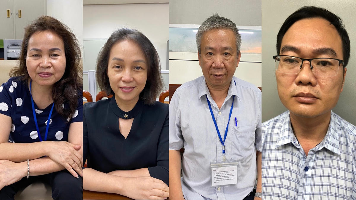 4 bị can nguyên cán bộ Bệnh viện Tim Hà Nội (từ trái sang): Hoàng Thị Ngọc Hưởng, Nguyễn Thị Dung Hạnh, Đoàn Trọng Bình và Nghiêm Tuấn Linh.