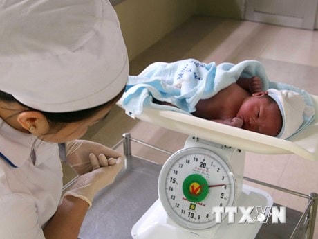 Kiểm tra cân nặng trẻ sơ sinh tại Khoa sanh Bệnh viện Sản-Nhi Cà Mau. (Ảnh: Kim Há/TTXVN).