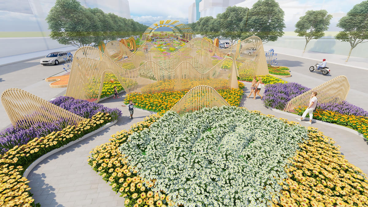 4 dãy núi trùng trùng, điệp điệp từ khung thép tạo hình và dây đan hình lưới, diện tích từ 9,6m2 đến 13m2 gần như cắt ngang Đường hoa.