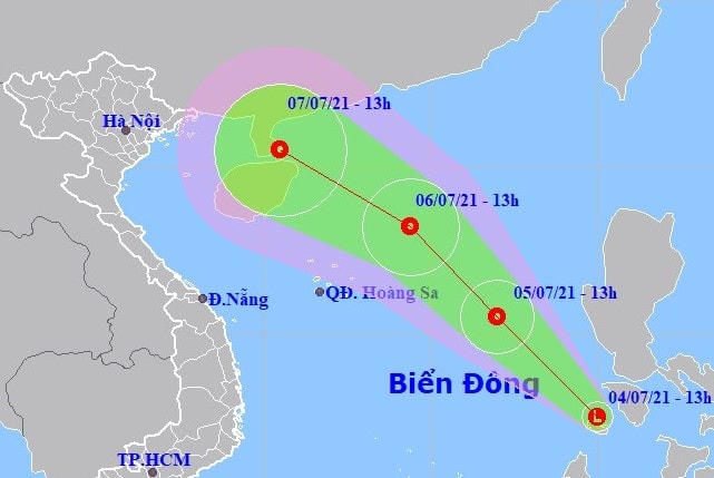 Dự báo vị trí, đường đi của vùng áp thấp/ áp thấp nhiệt đới. Ảnh NCHMF.  
