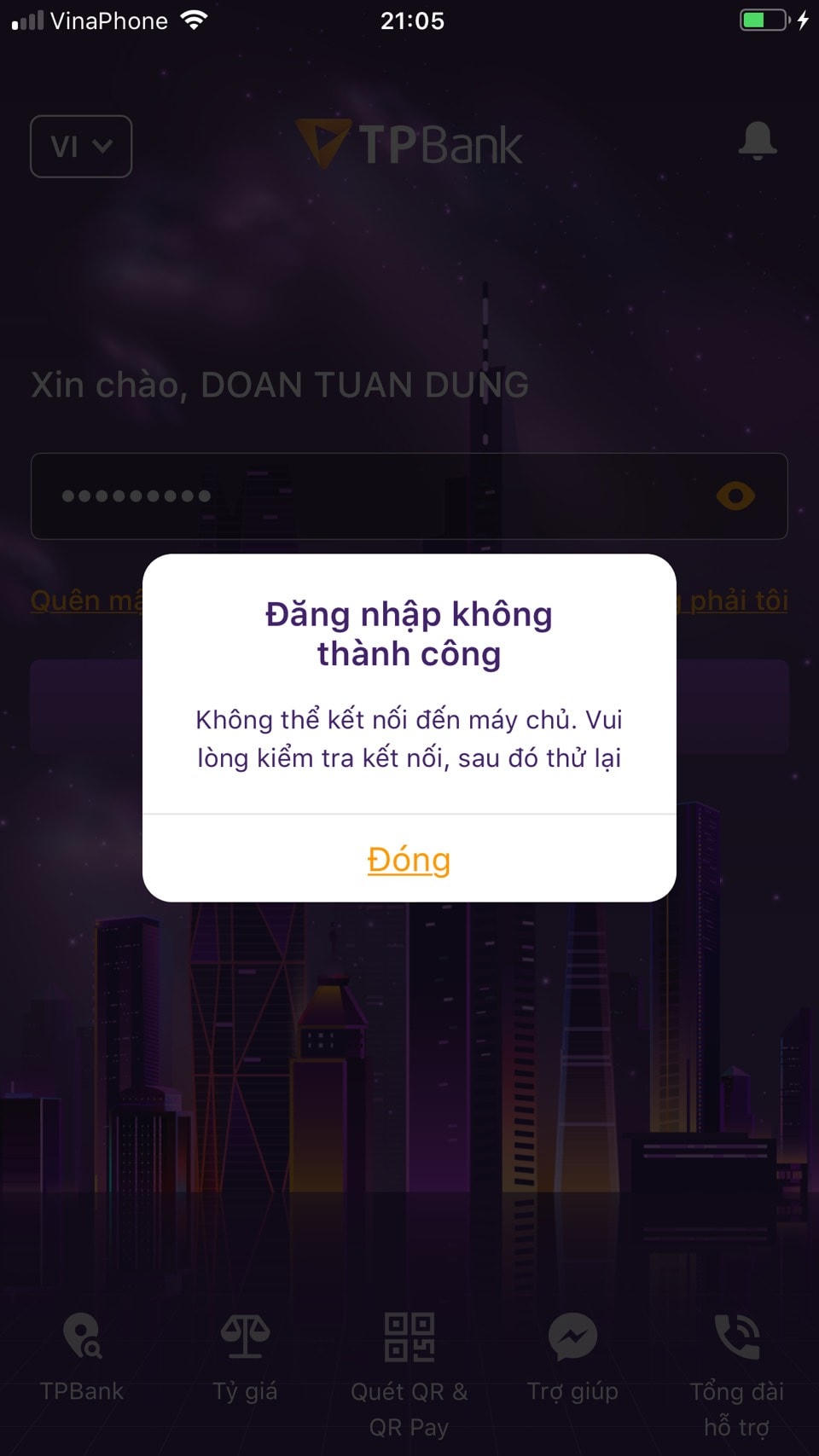 Ảnh chụp màn hình không thể truy cập được các dịch vụ Tienphongbank . Ảnh: Thuý Hằng