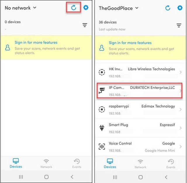 Thông tin về một camera đang có kết nối WiFi được liệt kê trên ứng dụng Fing.