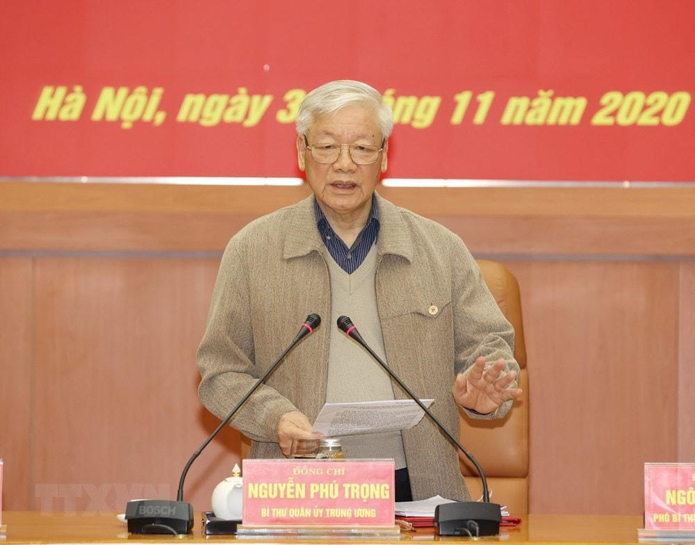 Tổng Bí thư, Chủ tịch nước Nguyễn Phú Trọng, Bí thư Quân ủy Trung ương phát biểu kết luận Hội nghị. (Ảnh: Trí Dũng/TTXVN).