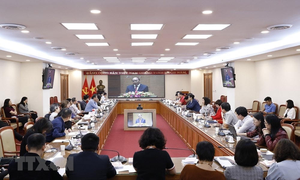 Ban lãnh đạo, Ban Thường vụ Đảng ủy, Ban Chấp hành Đảng bộ TTXVN và đại biểu dự hội nghị tại điểm cầu Thông tấn xã Việt Nam (Hà Nội). (Ảnh: Dương Giang/TTXVN).