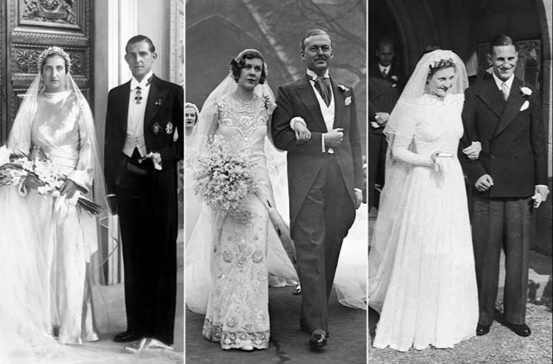 Từ trái qua: Công chúa María de las Mercedes của Two Sicilies với chồng là Infante Juan của Tây Ban Nha, ngày 12/10/1935; Cô Nancy Beaton (người Anh) cùng chồng Sir John Smiley, ngày 18/1/1933; Cô Dorothy Mary Dennis sau đám cưới của cô với vận động viên cricket, đội trưởng đội tuyển quốc gia Anh Leonard Hutton, ngày 16/9/1939.