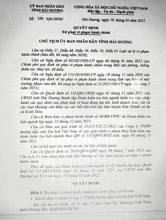 Quyết định xử phạt của UBND tỉnh Hải Dương đối với Công ty TNHH Hướng dẫn viên du lịch Việt Nam.