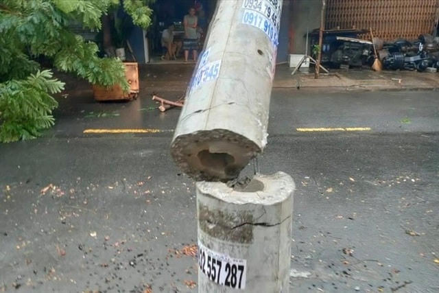 Một cây cột điện bị “tiện ngang” trong bão số 5. Ảnh: Hữu Long.