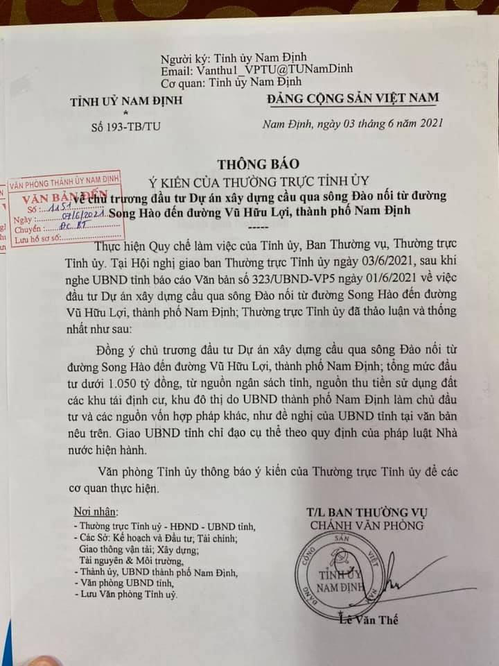 Văn bản Thông báo của Văn phòng Tỉnh ủy Nam Định. Ảnh: Nguyễn Anh Tuấn.
