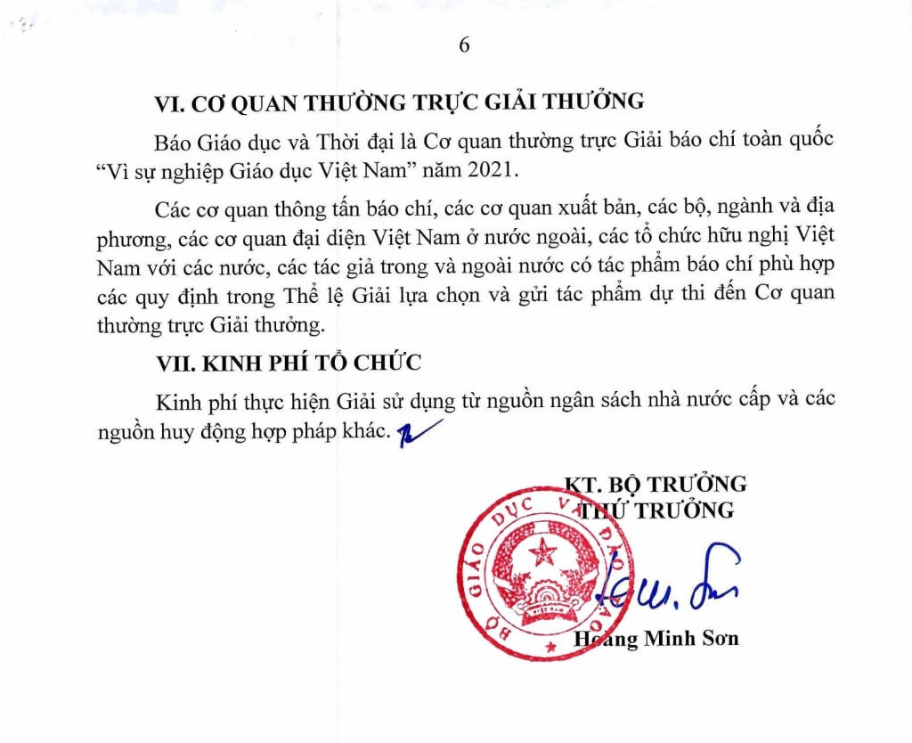 Thể lệ Giải báo chí toàn quốc 'Vì sự nghiệp Giáo dục Việt Nam' năm 2021