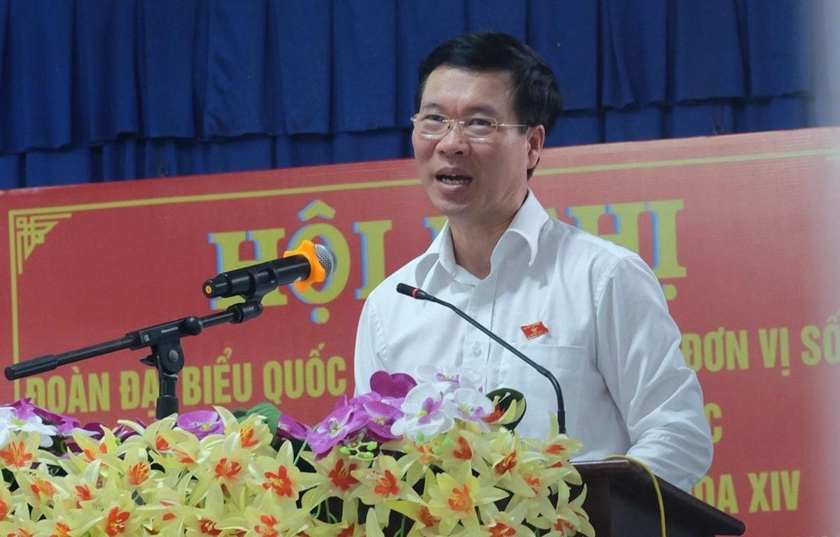 Trưởng Ban Tuyên giáo Trung ương Võ Văn Thưởng phát biểu tại buổi tiếp xúc cử tri. (Ảnh: TTXVN).