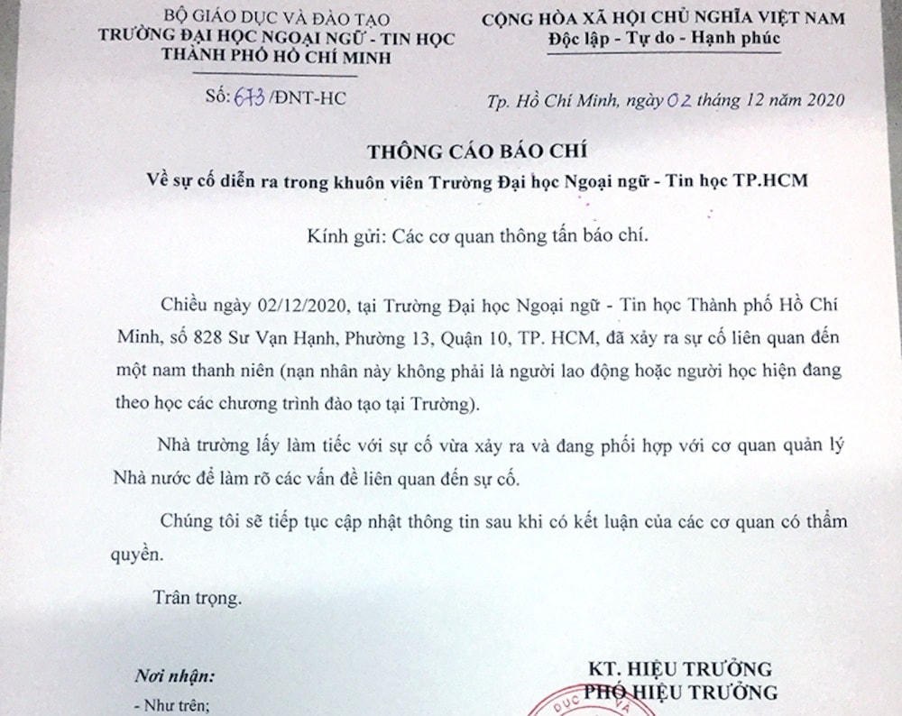 Thông cáo báo chí được trường ĐH Ngoại ngữ - Tin học TPHCM phát đi vào chiều 2/12