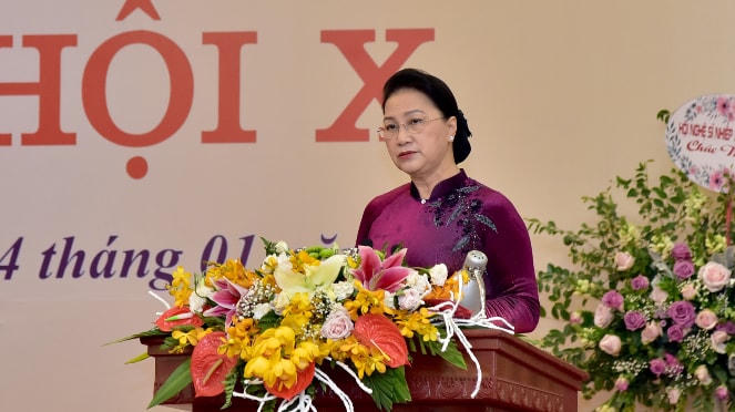 Chủ tịch Quốc hội Nguyễn Thị Kim Ngân phát biểu tại Đại hội. Ảnh: Lâm Hiển.