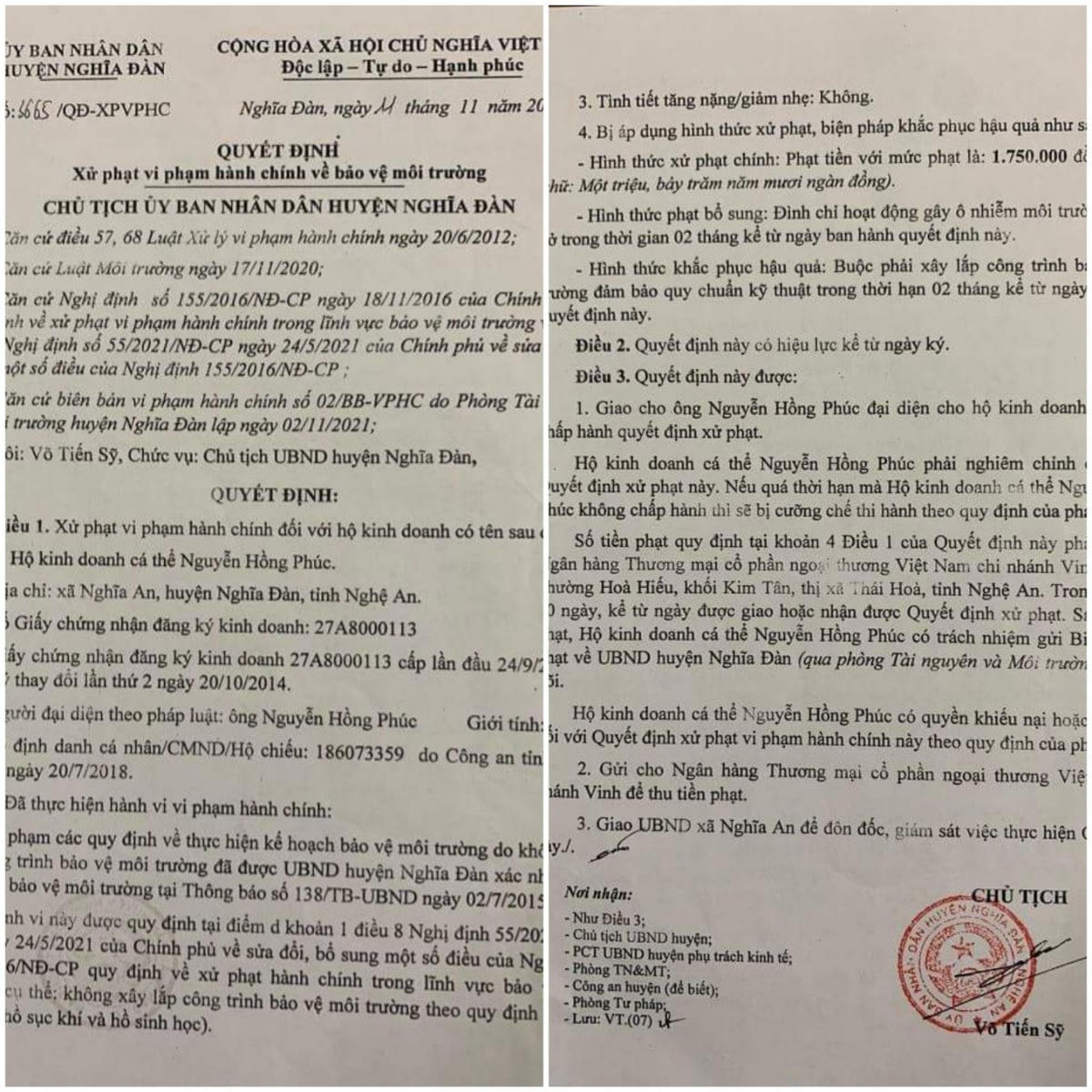 Quyết định xử phạt hành chính và đình chỉ 2 tháng của UBND huyện Nghĩa Đàn đối với xưởng chế biến tinh bột sắn trái phép.
