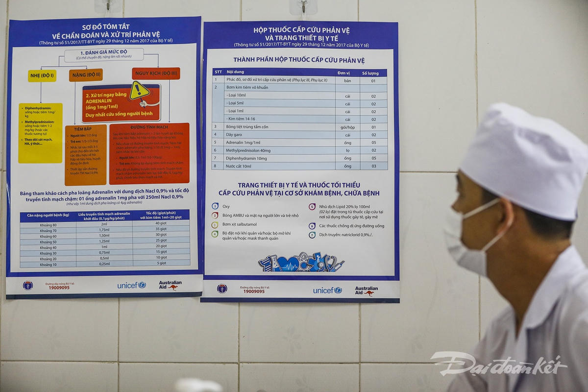 Các tài liệu về việc xử trí phản vệ sau tiêm được dán tại các phòng tiêm. Ảnh: Quang Vinh. 
