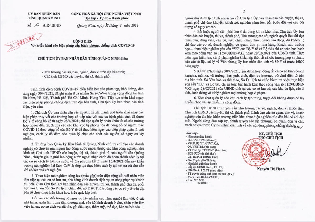 Công điện hỏa tốc của Quảng Ninh.