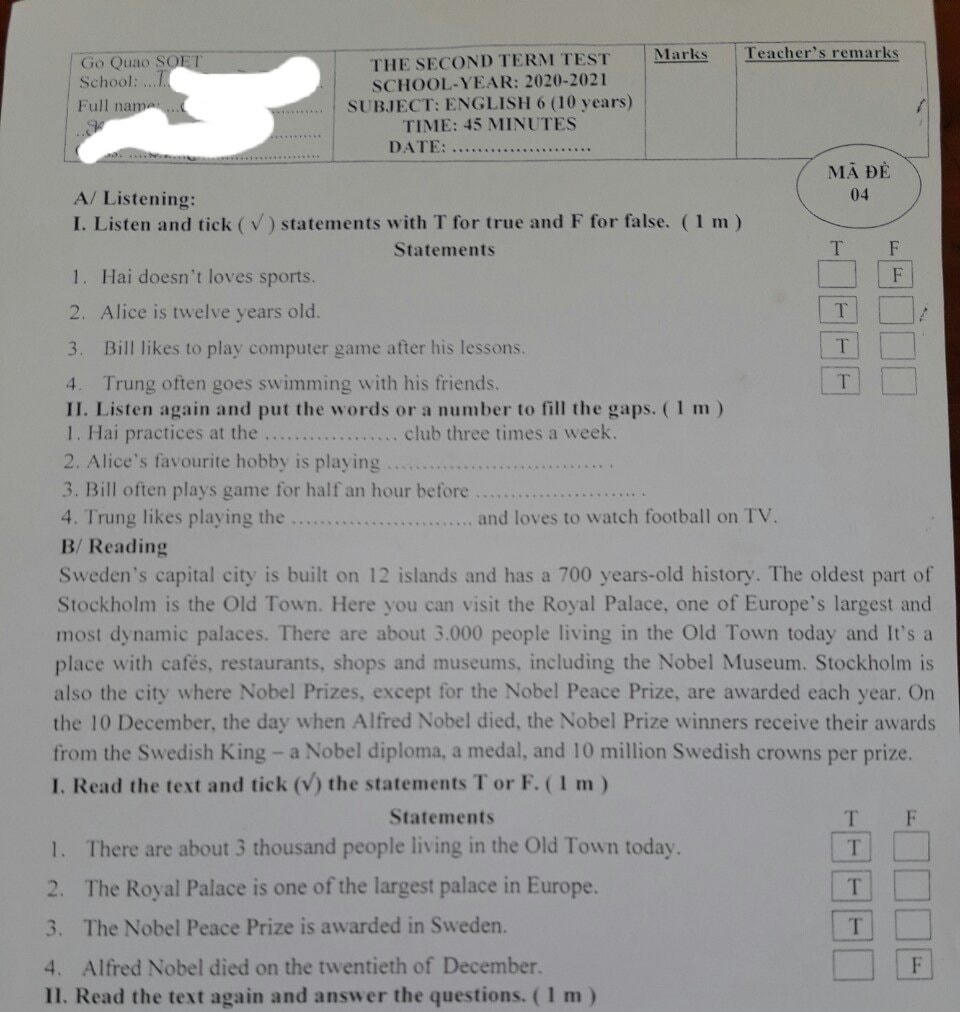 Đề thi tiếng Anh có sẵn đáp án.
