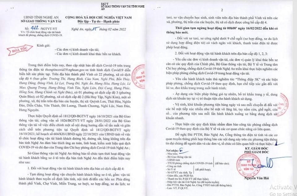 Công văn số 412/SGTVT-VT về việc tổ chức hoạt động vận tải hành khách để phòng chống dịch Covid-19 trên địa bàn tỉnh.