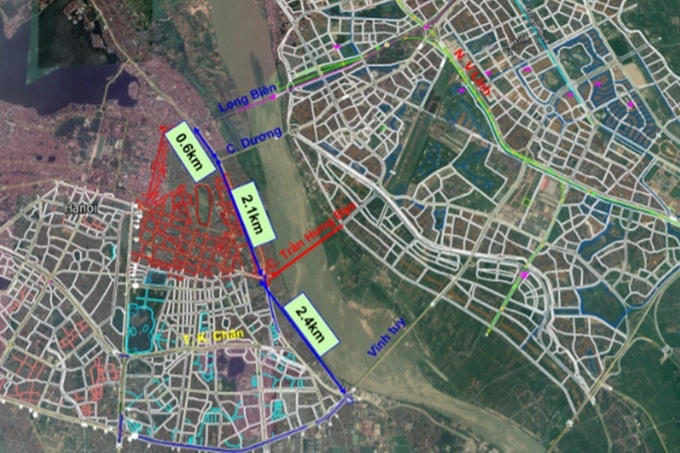 Vị trí cầu Trần Hưng Đạo bắc qua Sông Hồng, dự kiến sẽ nằm giữa cầu Chương Dương và cầu Vĩnh Tuy.