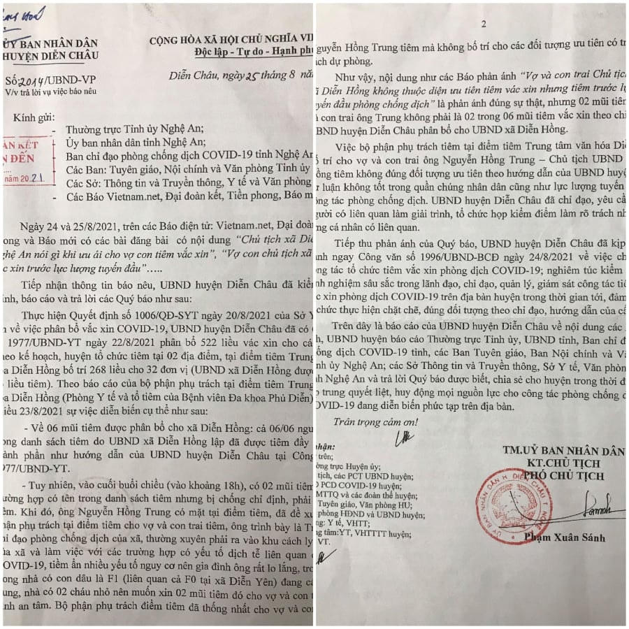 UBND huyện Diễn Châu lý giải nguyên nhân Chủ tịch xã Diễn Hồng ưu ái tiêm vaccine trước lực lượng tuyến đầu.