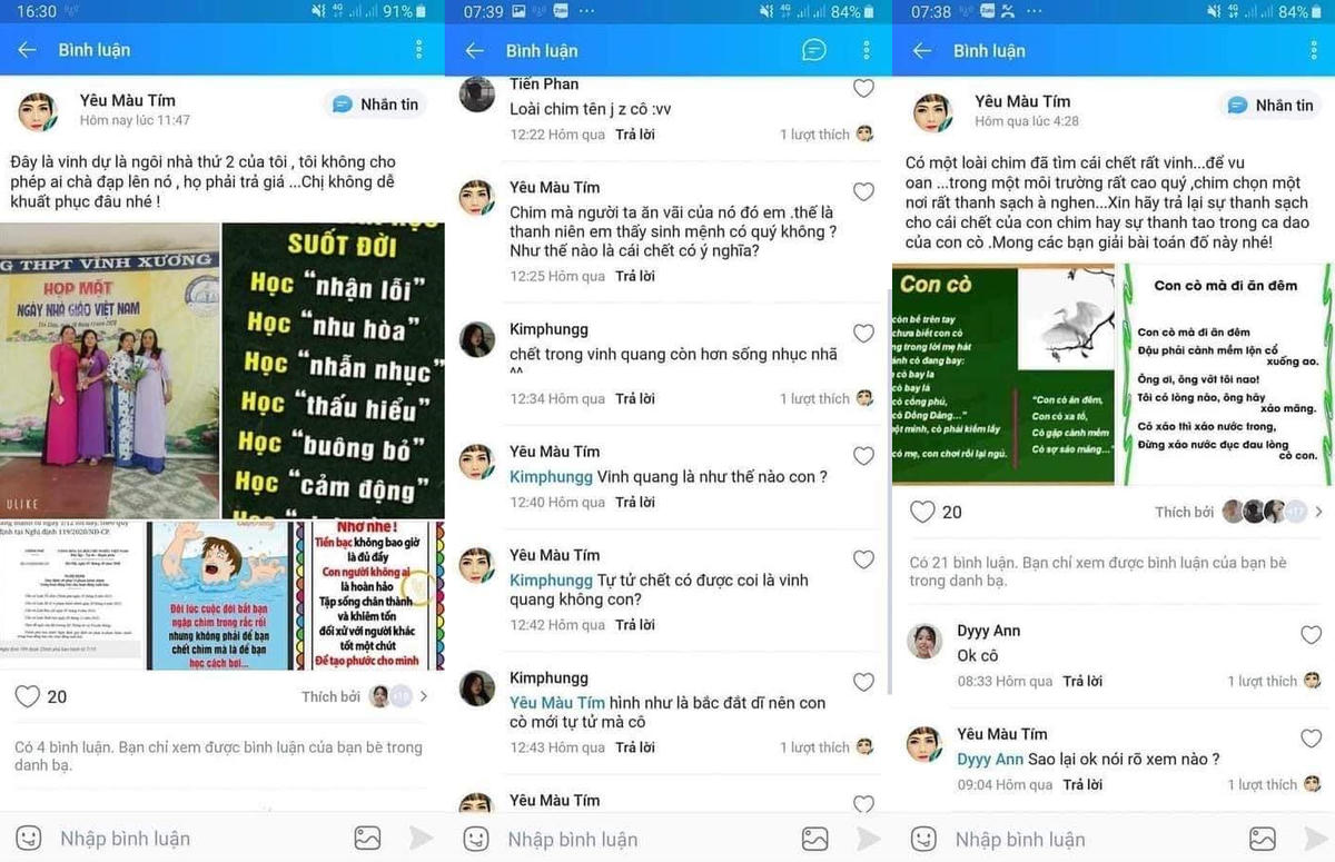 Dòng trạng thái và bình luận được cho là của bà Huỳnh Thị Thu Huệ, giáo viên chủ nhiệm lớp 10A4 ám chỉ nữ sinh Y. giả chết để vu oan cho mình