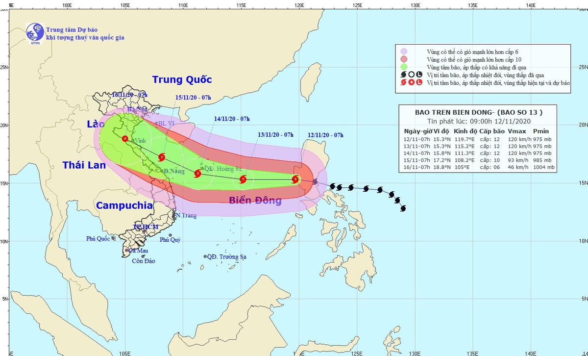 Vị trí và đường đi của bão Vamco hồi 7h ngày 12/11. Nguồn: Trung tâm khí tượng thủy văn Quốc gia.